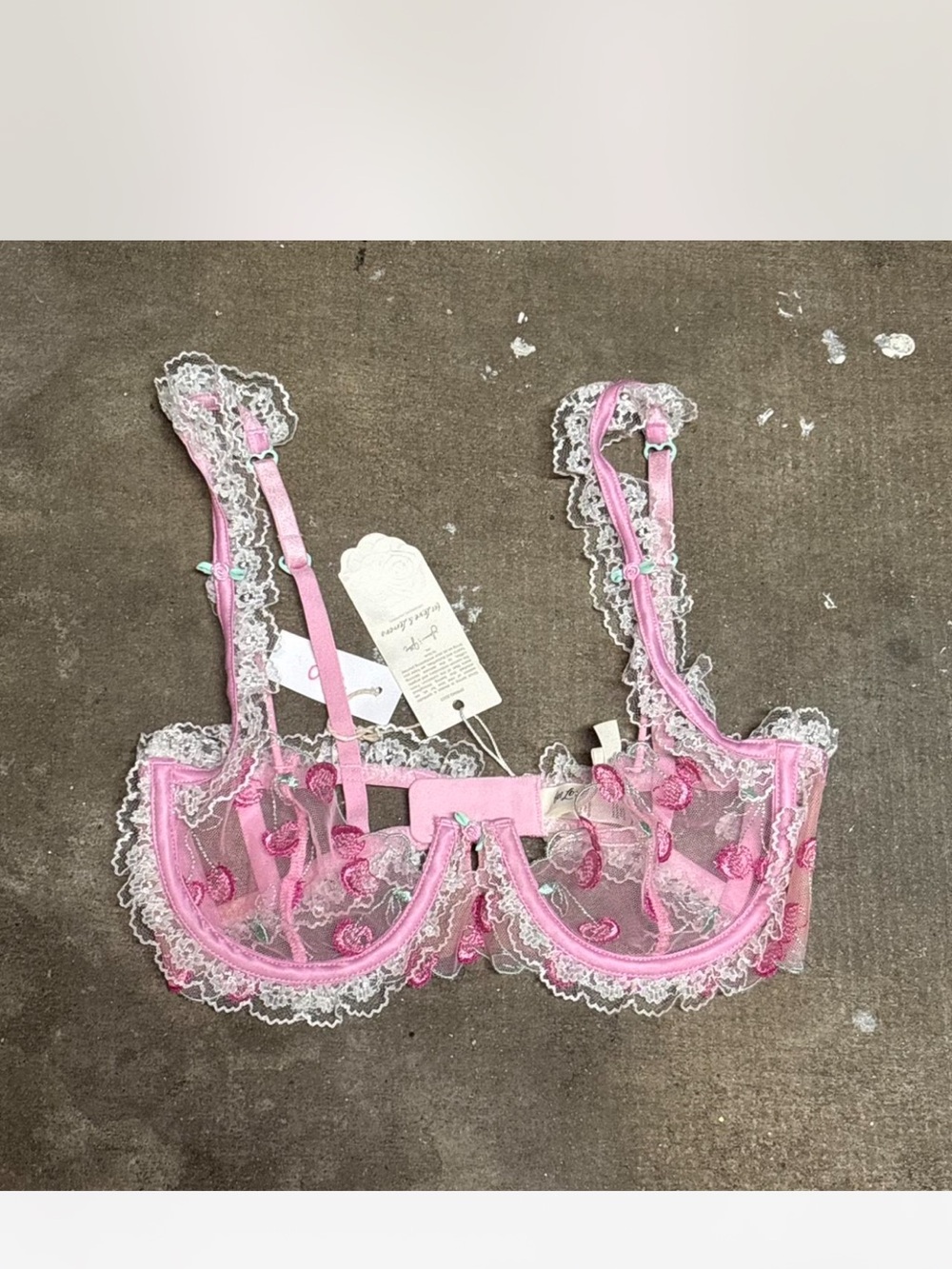 For Love And Lemons Pink Lace Bra Strap with Mint Heart Accents